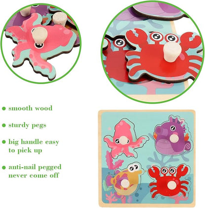 Wooden Peg Puzzles for Toddlers 1-3, Kids' Educational Preschool Peg Puzzle Toy, Set of 4 Toddler Puzzles - Farm, Dinosaur, Fruit and Marine Animals, Ideal Gift for Ages 1 2 3 Boys and Girls nirvanaguru
