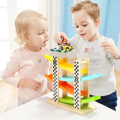 Toddler Toys for 1 2 Year Old Boy and Girl Gifts Wooden Race Track Car Ramp Racer with 4 Mini Car nirvanaguru