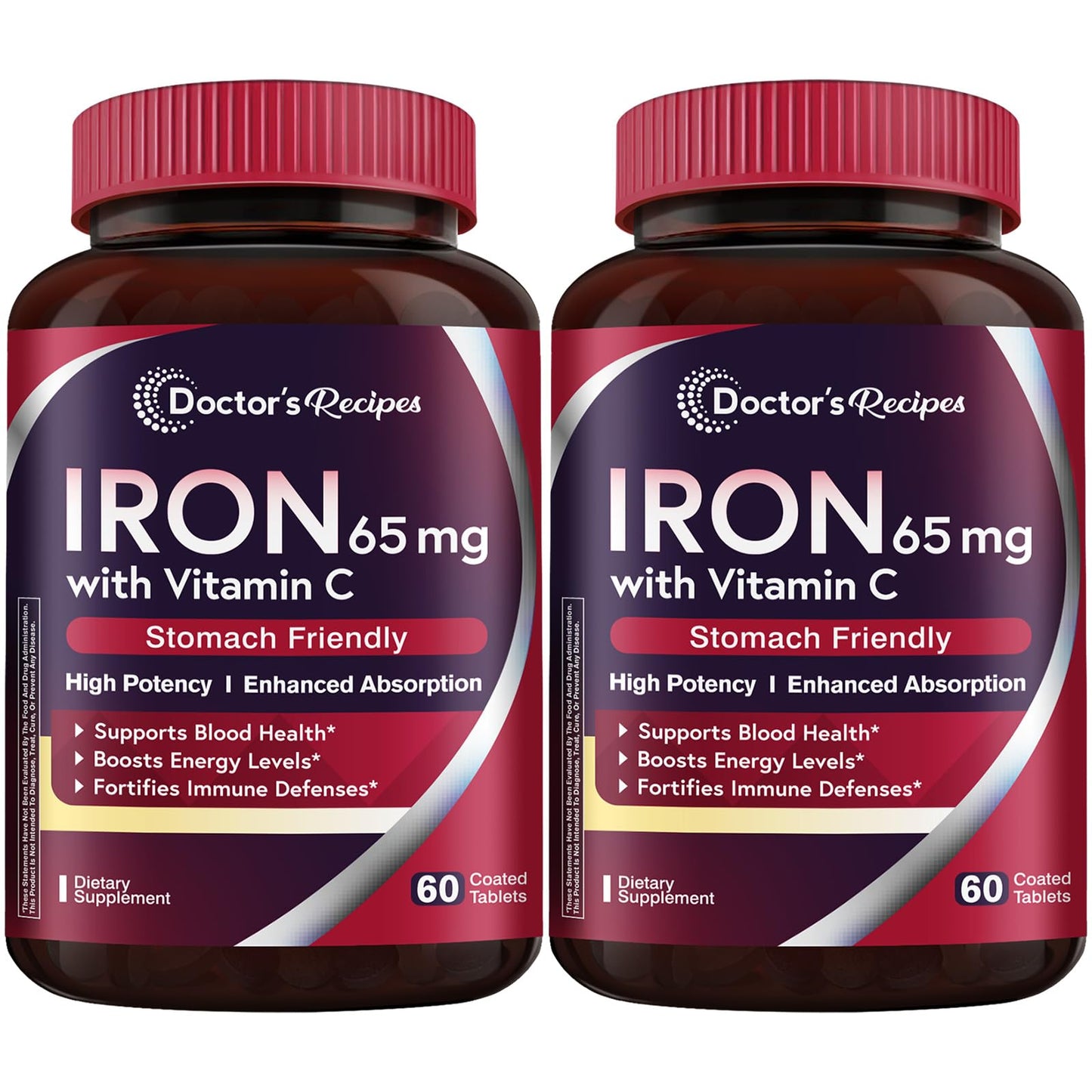 Doctor's Recipes Iron Supplement 65 mg with Vitamin C - Maximized Absorption, Stomach Friendly & High Potency Iron Pills for Red Blood Cells Formation & Immunity Health - Vegan Non-GMO 60 Iron Tablets Nirvana Guru