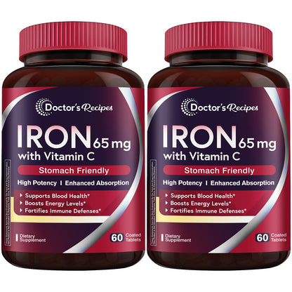 Doctor's Recipes Iron Supplement 65 mg with Vitamin C - Maximized Absorption, Stomach Friendly & High Potency Iron Pills for Red Blood Cells Formation & Immunity Health - Vegan Non-GMO 60 Iron Tablets Nirvana Guru