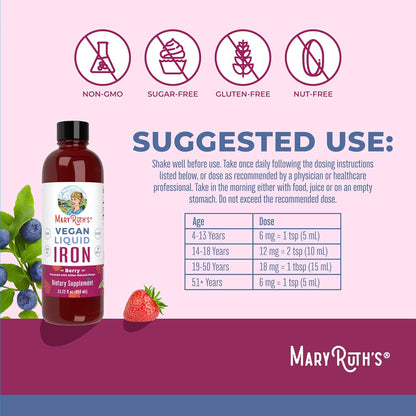 MaryRuth Organics Iron Supplement for Women Men & Kids, Liquid Iron Supplement for Women Men & Kids, Iron for Healthy Blood & Oxygen, Ages 4 & Up, Sugar Free, Vegan, Non-GMO, Gluten Free, 15.22 Fl Oz - Nirvana Guru