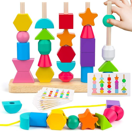 Montessori Wooden Beads Sequencing Toy Set, Stacking Blocks & Lacing Beads & Matching Shape Stacker for 2 3 4 5 Year Old STEM Preschool Learning Montessori Toys Gifts for Kids Boy Girl Toddler nirvanaguru