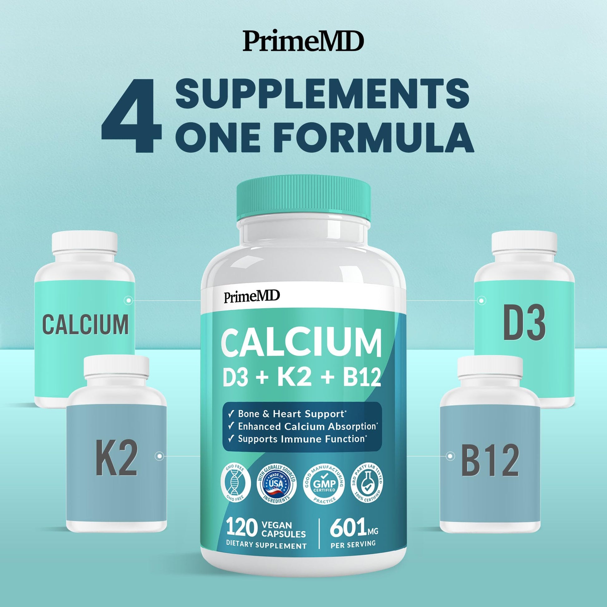 4-in-1 Calcium 1200mg with Vitamin D3 - Calcium Supplement for Women and Men with Vitamin K2 B12 5000 IU - Extra Strength Calcium Citrate for Bone and Heart Support (120ct) Nirvana Guru