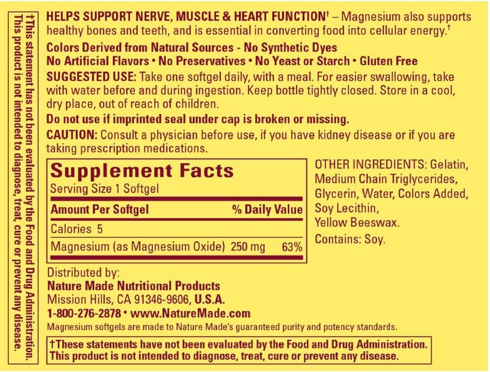 Nature Made Magnesium 250 mg, Magnesium Supplement for Muscle, Heart, Bone and Nerve Support, 90 Softgels, 90 Day Supply - Nirvana Guru