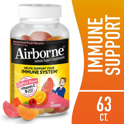 Airborne 750mg Vitamin C Immune Support Supplement Gummies for Adults, Assorted Fruit Flavor, Gluten Free Crafted Blend with Powerful Antioxidants Vitamins A C & E, 63 Gummies (3 Pack) Nirvana Guru