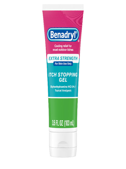 Benadryl Extra Strength Anti Itch Relief Gel, 2% Diphenhydramine HCl, Relief from Insect Bites, Sunburn & More, Great for Camping Essentials, 3.5 fl oz