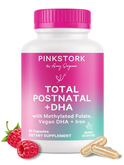 Pink Stork Total Postnatal Vitamins for Women with Vegan DHA, Iron, Folate, and Vitamin B12, Postpartum Recovery Essentials, Daily Supplement for Breastfeeding Moms - 1 Month Supply Nirvana Guru