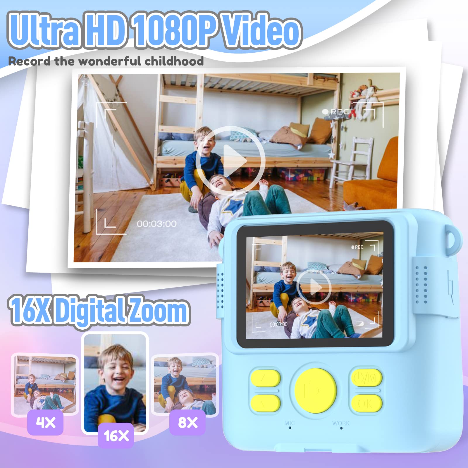 Kids Camera Instant Print, Christmas Birthday Gifts for Kids Age 3-12, Selfie Digital Camera with 1080P Videos,Toddler Portable Travel Cameras Toy for 4 5 6 7 8 9 Year Old Boys Girls-Blue Nirvana Guru
