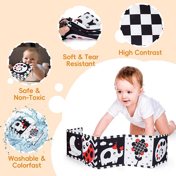 Cawgug Black and White High Contrast Baby Toys for Newborn Brain Development Tummy Time Soft Book Babies 0-3 6-12 Months Montessori Learning Activities Infant and Sensory Visual Stimulation Toys nirvanaguru