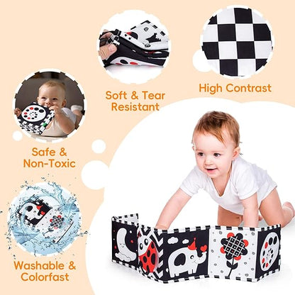 Cawgug Black and White High Contrast Baby Toys for Newborn Brain Development Tummy Time Soft Book Babies 0-3 6-12 Months Montessori Learning Activities Infant and Sensory Visual Stimulation Toys nirvanaguru