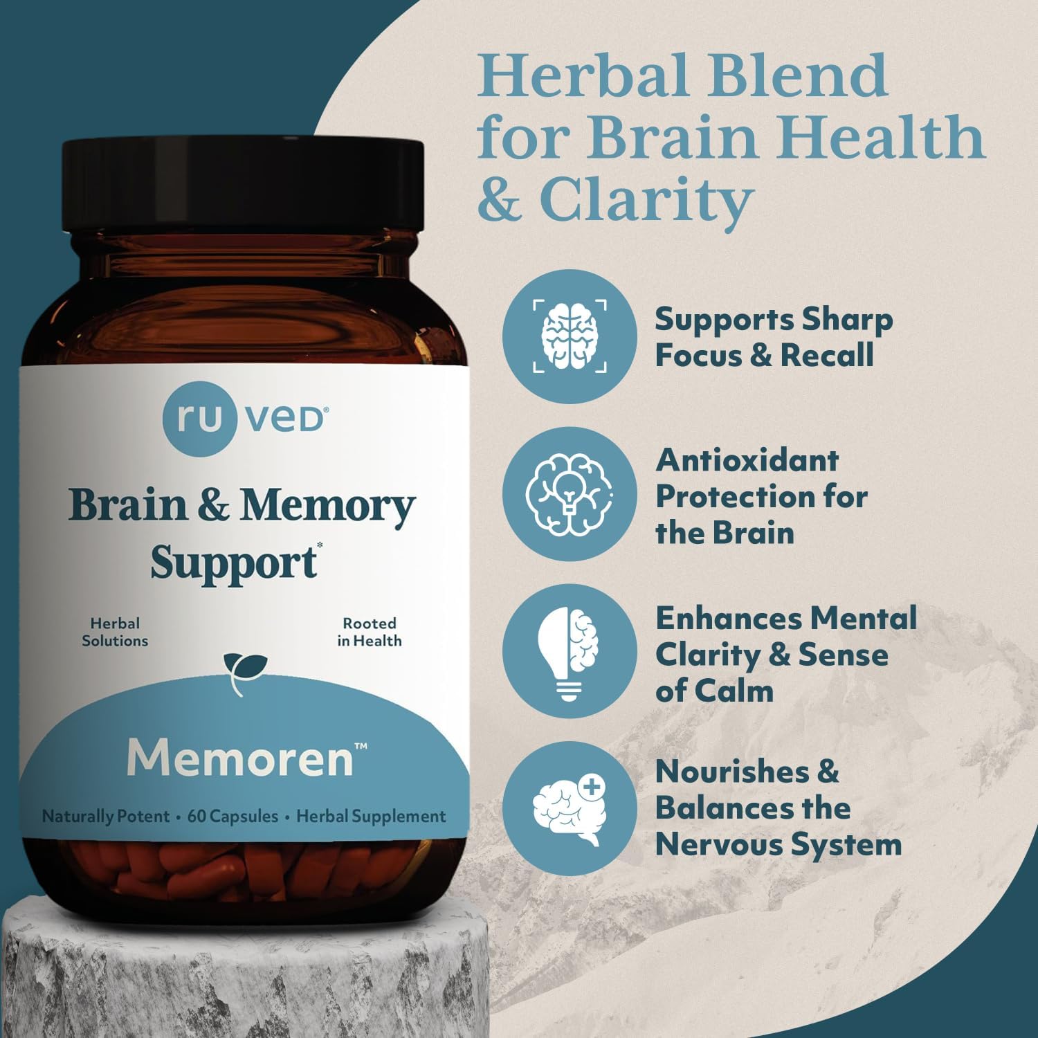 ruved Memoren, All-Natural Ayurvedic Focus and Memory Support with Ginkgo Biloba, Gotu Kola and Bacopa, Brain Health and Stress Care Supplement for Adults, 60 Vegetarian Capsules Nirvana Guru