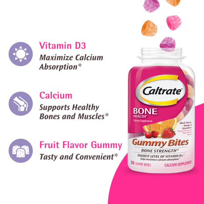 Caltrate Gummy Bites 500 mg Calcium and Vitamin D Supplement, Black Cherry, Strawberry, Orange - 100 Count Nirvana Guru