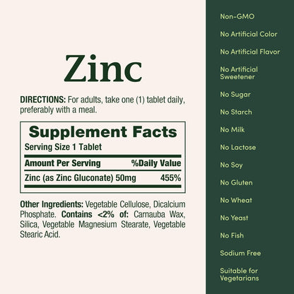 Nature's Bounty Zinc 50mg, Immune Support & Antioxidant Supplement, Promotes Skin Health, 1 Caplet Per Day, Gluten Free, 250 Vegetarian Caplets