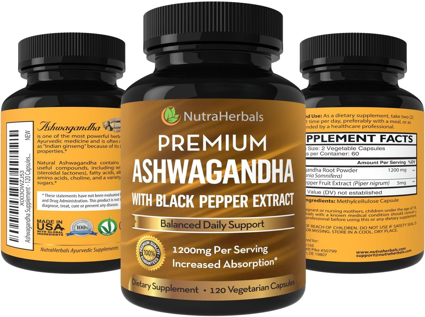 Ashwagandha Supplement Made with Premium Ashwaganda Root Powder 1200mg with Black Pepper Extract for Increased Absorption - 120 Vegi Capsules Nirvana Guru