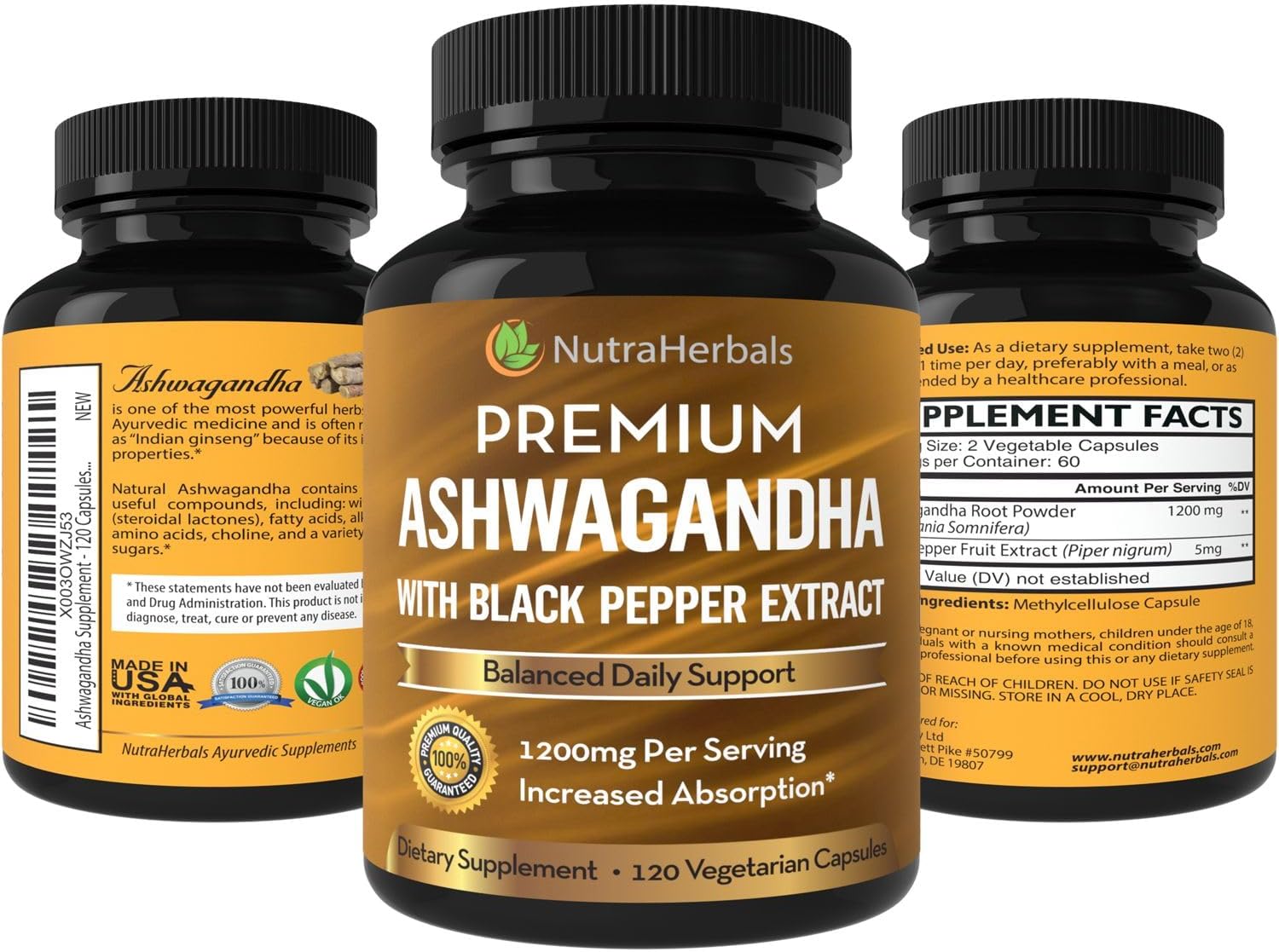 Ashwagandha Supplement Made with Premium Ashwaganda Root Powder 1200mg with Black Pepper Extract for Increased Absorption - 120 Vegi Capsules Nirvana Guru