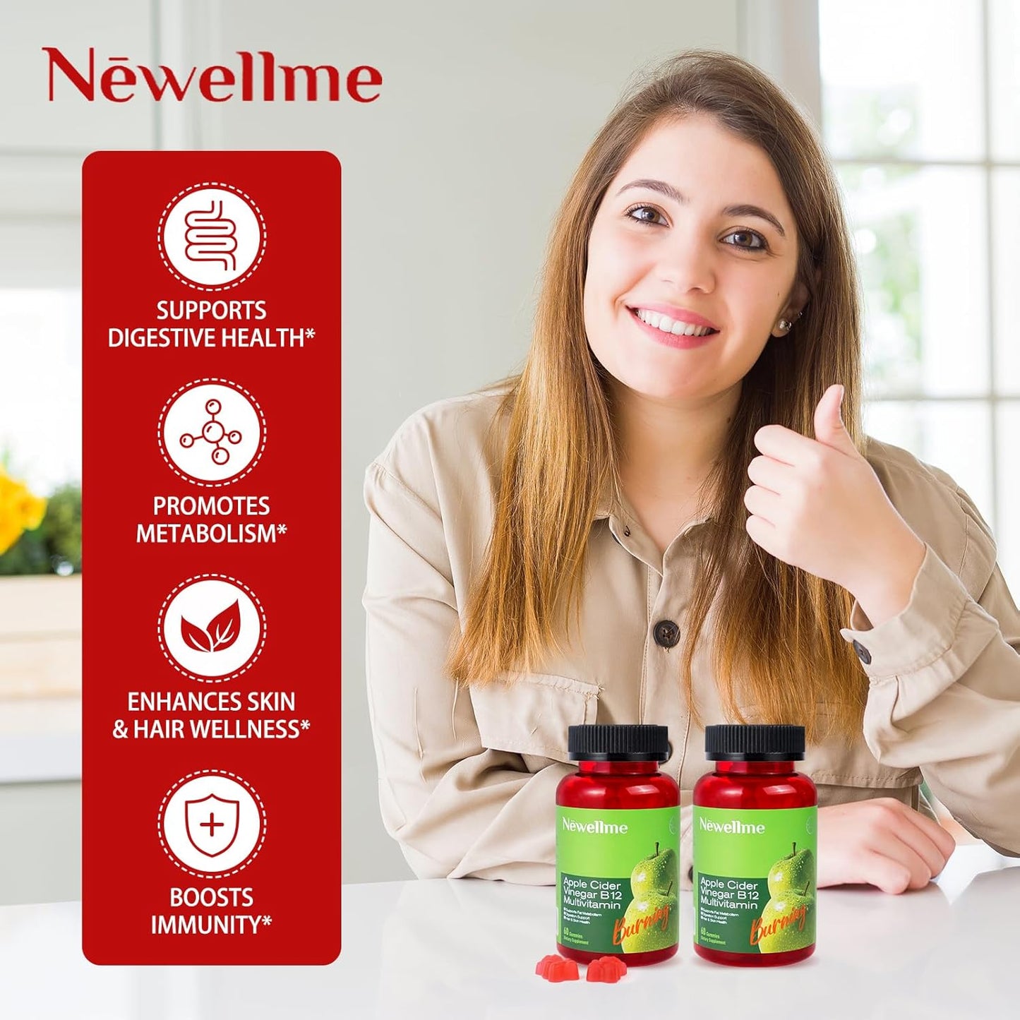 NEWELLME Apple Cider Vinegar Gummies B12 Multivitamin,ACV Supplement Gummy Vitamins,Non GMO, Vegetarian Supplement for Women & Men,Support Normal Energy Levels & Gut Health 30 Gummies (60)