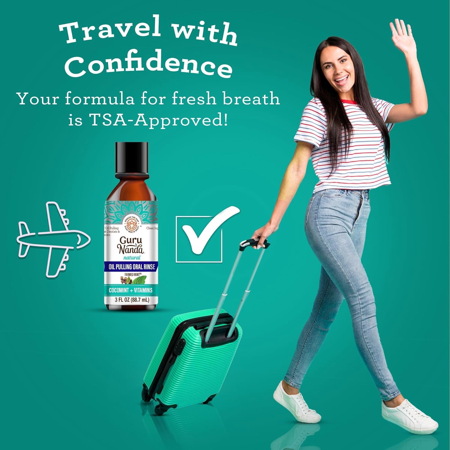 GuruNanda Travel Size CocoMint Oil Pulling Mouthwash, 7 Essential Oils & Vitamins, Promotes Fresh Breath & Happy Gums, No Alcohol & Fluoride, 3 oz Nirvana Guru