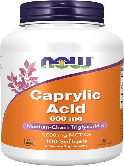 NOW Foods Supplements, Caprylic Acid 600 mg, MCT (Medium-Chain Triglycerides), 100 Softgels - Nirvana Guru