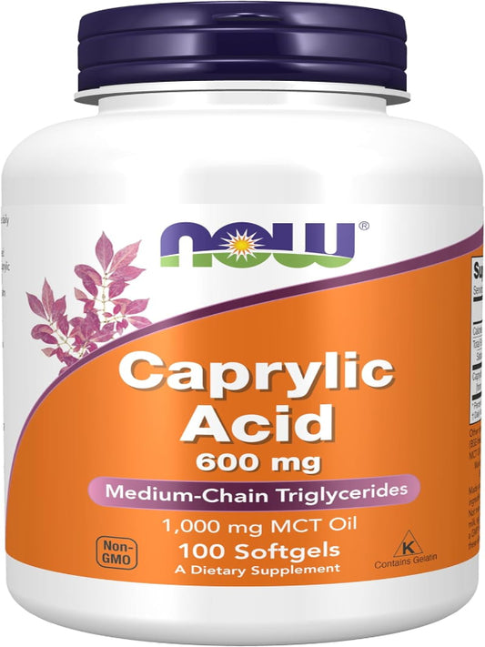 NOW Foods Supplements, Caprylic Acid 600 mg, MCT (Medium-Chain Triglycerides), 100 Softgels - Nirvana Guru