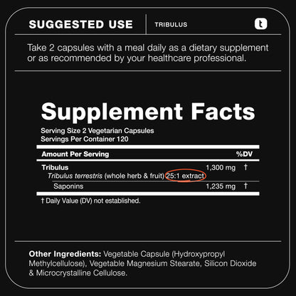 Tribulus Terrestris for Men - Ultra High Potency 25:1 Extract with 95% Saponins - 1300mg Pure & Concentrated Formula - Third-Party Lab Tested for Purity & Quality - 120 Capsules Nirvana Guru