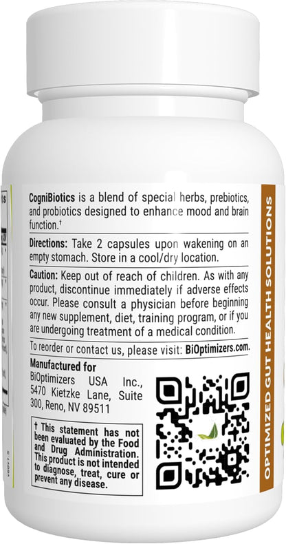 BIOptimizers Cognibiotics Probiotic Brain Supplement - Helps Support Mood, Better Focus, Memory, Mental Clarity - 60 Capsules Nirvana Guru