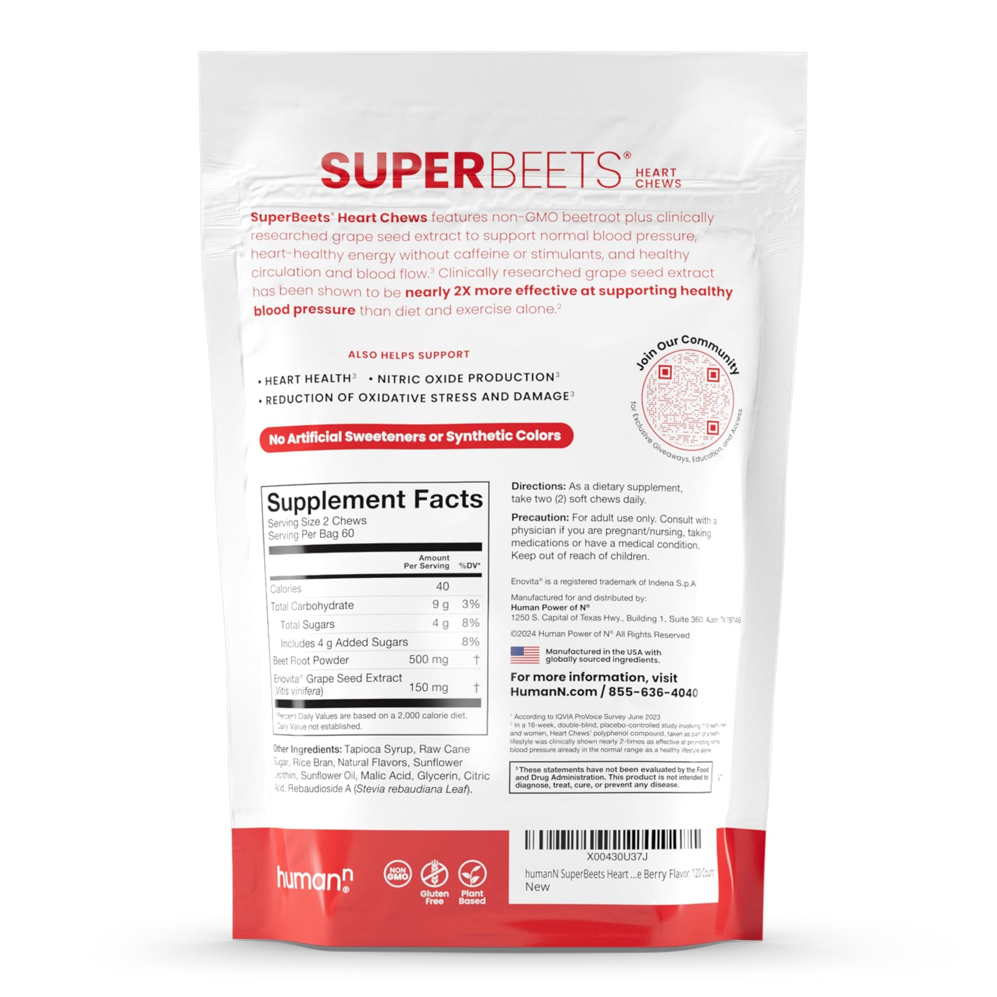 HumanN SuperBeets Heart Chews, Nitric Oxide and Blood Pressure Support, Grape Seed Extract & Non-GMO Beet Root Powder Energy, Pomegranate Berry Flavor, 120 Count - Nirvana Guru