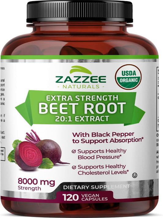 Zazzee USDA Organic Beet Root 8000 mg Strength 20:1 Extract, 120 Vegan Quick Release Capsules, Black Pepper Extract for Enhanced Absorption, Supports Nitric Oxide Production, Non-GMO, Made in The USA Nirvana Guru