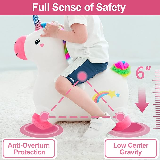 iPlay, iLearn Bouncy Pals Hopping Unicorn Horse, Toddler Girl Inflatable Bouncing Animal Hopper Toy, Outdoor Indoor Plush Ride on Bouncer, Baby Birthday Gift 18 Month 2 3 4 Year Old Kid - Unicorn Nirvana Guru