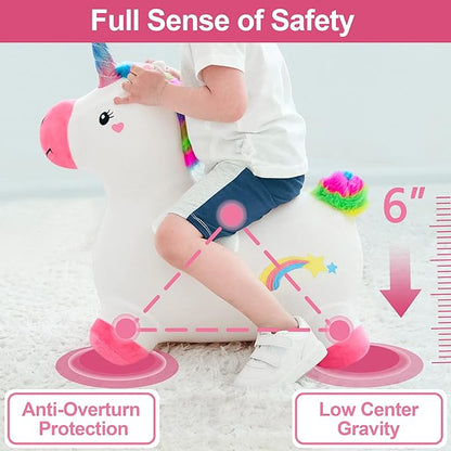 iPlay, iLearn Bouncy Pals Hopping Unicorn Horse, Toddler Girl Inflatable Bouncing Animal Hopper Toy, Outdoor Indoor Plush Ride on Bouncer, Baby Birthday Gift 18 Month 2 3 4 Year Old Kid - Unicorn Nirvana Guru