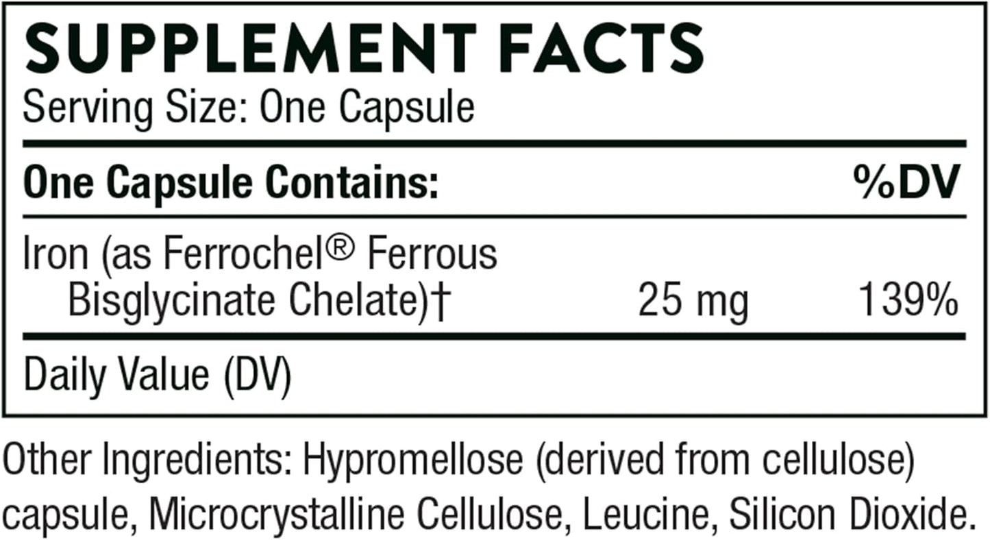 THORNE Iron Bisglycinate - 25 mg Iron Supplement for Enhanced Absorption Without Gastrointestinal Side Effects* - NSF Certified for Sport - Gluten-Free - 60 Capsules - Nirvana Guru