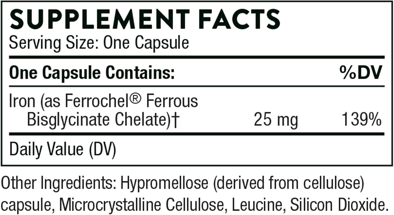 THORNE Iron Bisglycinate - 25 mg Iron Supplement for Enhanced Absorption Without Gastrointestinal Side Effects* - NSF Certified for Sport - Gluten-Free - 60 Capsules - Nirvana Guru