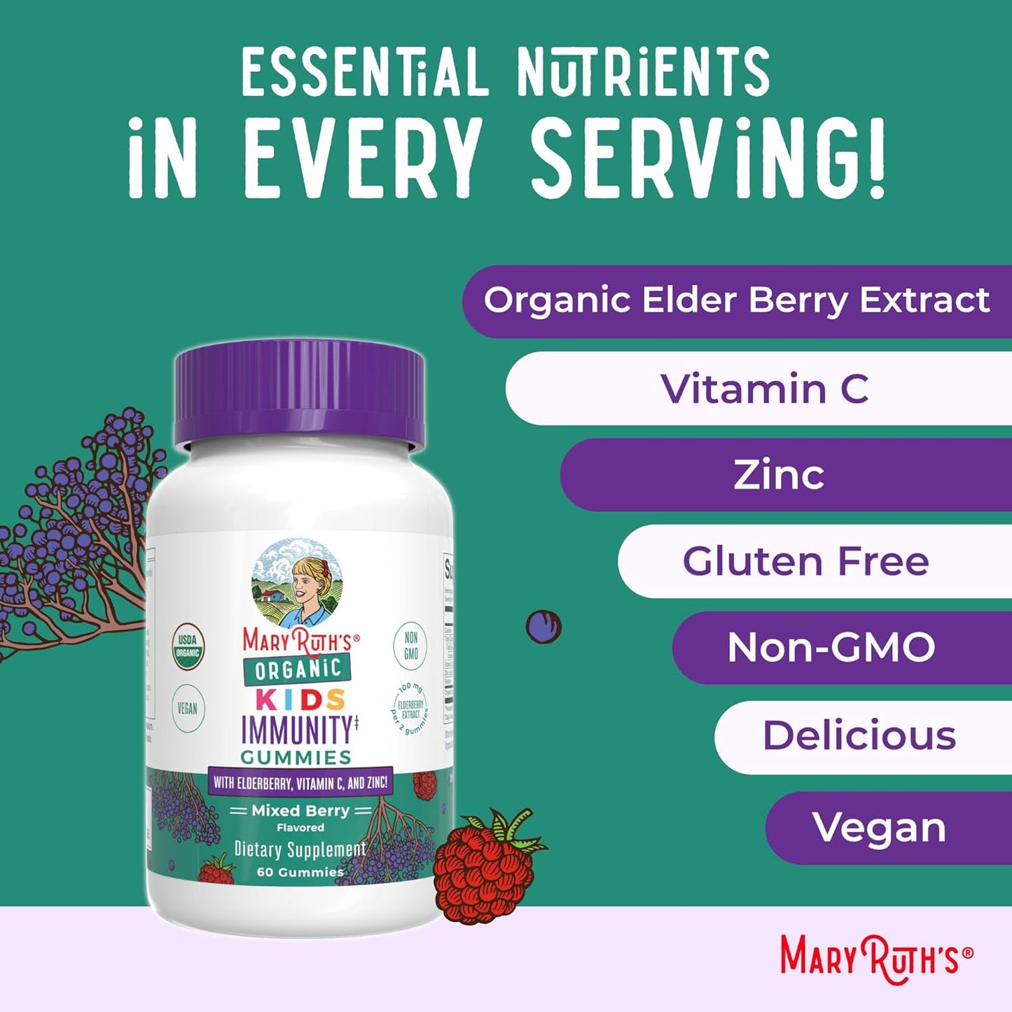 MaryRuth Organics Kids Immune Support Gummies | USDA Organic | Vitamin C, Zinc, and Elderberry Gummies for Kids| Immune Support for Ages 4+ | Vegan | Non-GMO | Gluten Free | 60 Count - Nirvana Guru