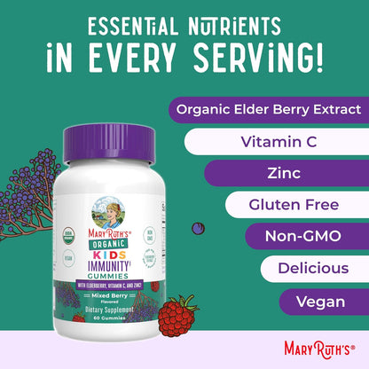 MaryRuth Organics Kids Immune Support Gummies | USDA Organic | Vitamin C, Zinc, and Elderberry Gummies for Kids| Immune Support for Ages 4+ | Vegan | Non-GMO | Gluten Free | 60 Count - Nirvana Guru