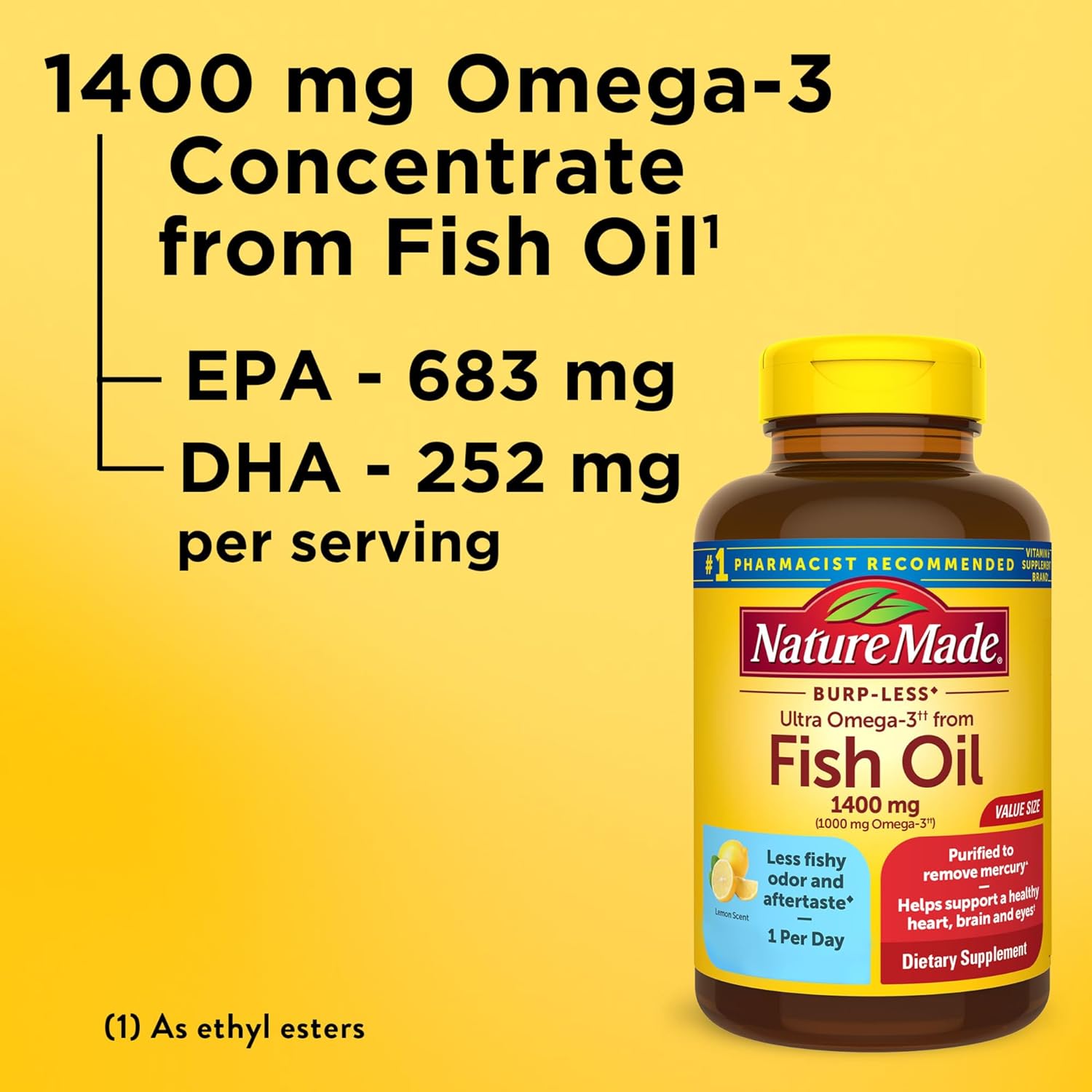 Nature Made Burp Less Ultra Omega 3 Fish Oil Supplements, 1400mg Fish Oil Omega 3 Supplements as Ethyl Esters for Healthy Heart Brain Eyes Support, One Per Day, 90 Softgels - Nirvana Guru