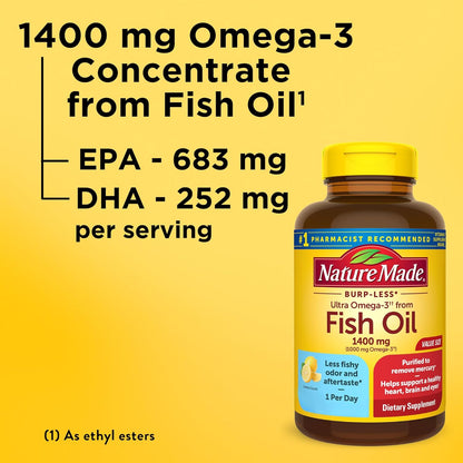 Nature Made Burp Less Ultra Omega 3 Fish Oil Supplements, 1400mg Fish Oil Omega 3 Supplements as Ethyl Esters for Healthy Heart Brain Eyes Support, One Per Day, 90 Softgels - Nirvana Guru