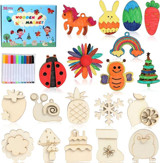 Worgree DIY Wooden Magnets, 36 pcs Wooden Art Craft Supplies Painting Kit for Kids Party Favors for Boys Girls Ages 4-8 8-12 Birthday Easter Crafts Gifts Toys Basket Goodie Bag Stuffers nirvanaguru