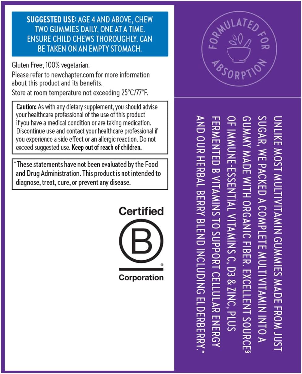 New Chapter Kids Multivitamin Gummies - 50% Less Sugar, Kids Gummy Vitamins with Vitamins C, D3 & Zinc, Non-GMO, Gluten Free, Berry-Citrus, 60ct - Nirvana Guru