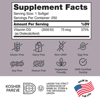 Zahler Vitamin D3 3000IU, Vitamin D3 Supplement 3,000 IU, Certified Kosher (250 Softgels) - Nirvana Guru