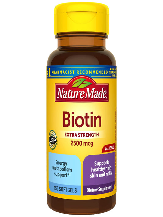 Nature Made Extra Strength Biotin 2500 mcg, Dietary Supplement For Healthy Hair, Skin & Nail Support, 150 Softgels, 150 Day Supply - Nirvana Guru