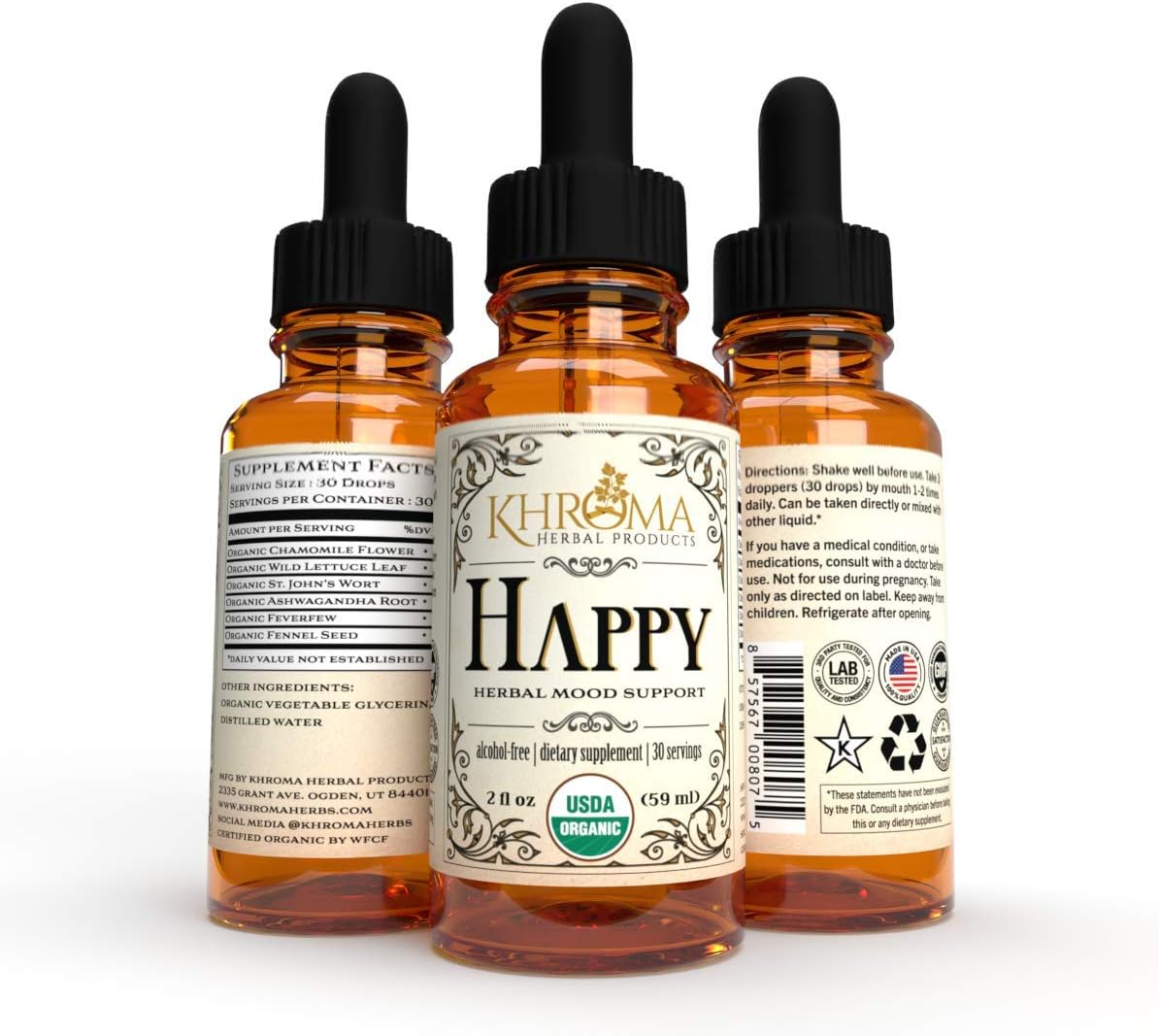 Happy Organic Mood Supplement - by Khroma Herbs - 30 Servings - Made in USA - Packed in a Glass Bottle Nirvana Guru