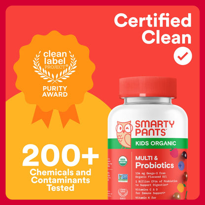 SmartyPants Organic Kids Multivitamin Gummies: Probiotics, Omega 3 (ALA), Vitamin D3, C, Vitamin B12, B6, A, K & Zinc for Immune Support, Biotin, Three Fruit Flavors, 120 Count (30 Day Supply) Nirvana Guru