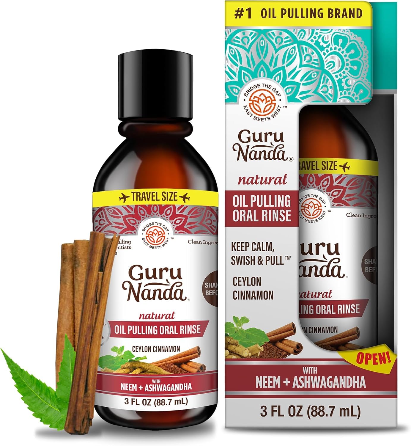 GuruNanda Travel Size CocoMint Oil Pulling Mouthwash, 7 Essential Oils & Vitamins, Promotes Fresh Breath & Happy Gums, No Alcohol & Fluoride, 3 oz Nirvana Guru