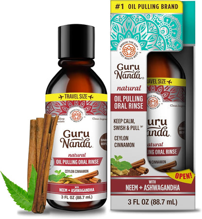 GuruNanda Travel Size CocoMint Oil Pulling Mouthwash, 7 Essential Oils & Vitamins, Promotes Fresh Breath & Happy Gums, No Alcohol & Fluoride, 3 oz Nirvana Guru