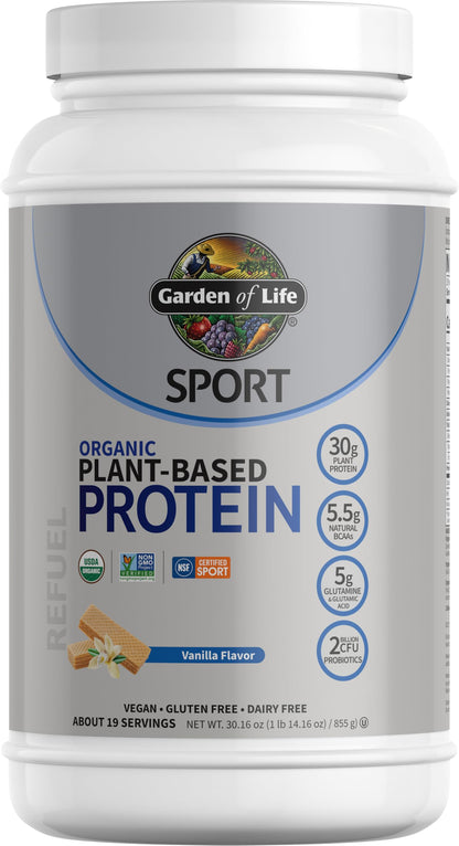 Organic Vegan Chocolate Protein Powder with Probiotics, BCAAs, 30g Plant Protein, NSF Certified, Gluten Free & Sport, Non GMO, Garden of Life Sport Protein Powder - 19 Servings - Nirvana Guru