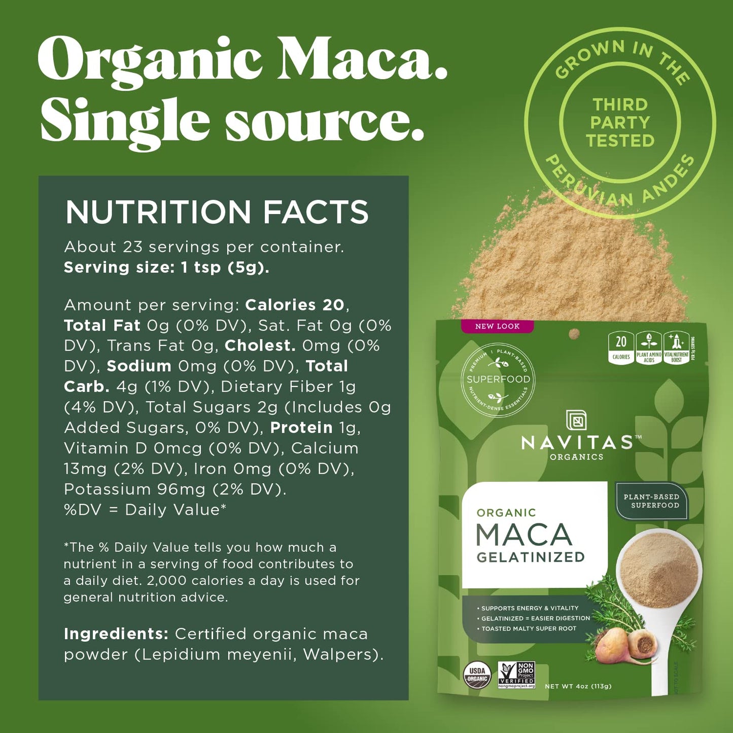 Navitas Organics Maca Powder – 100% Gelatinized Peruvian Maca for Adaptogen Smoothies, Lattes, Baking & More – Energize & Balance - USDA Organic, Non GMO, Vegan, Gluten Free (4oz. Bag, 23 Servings)