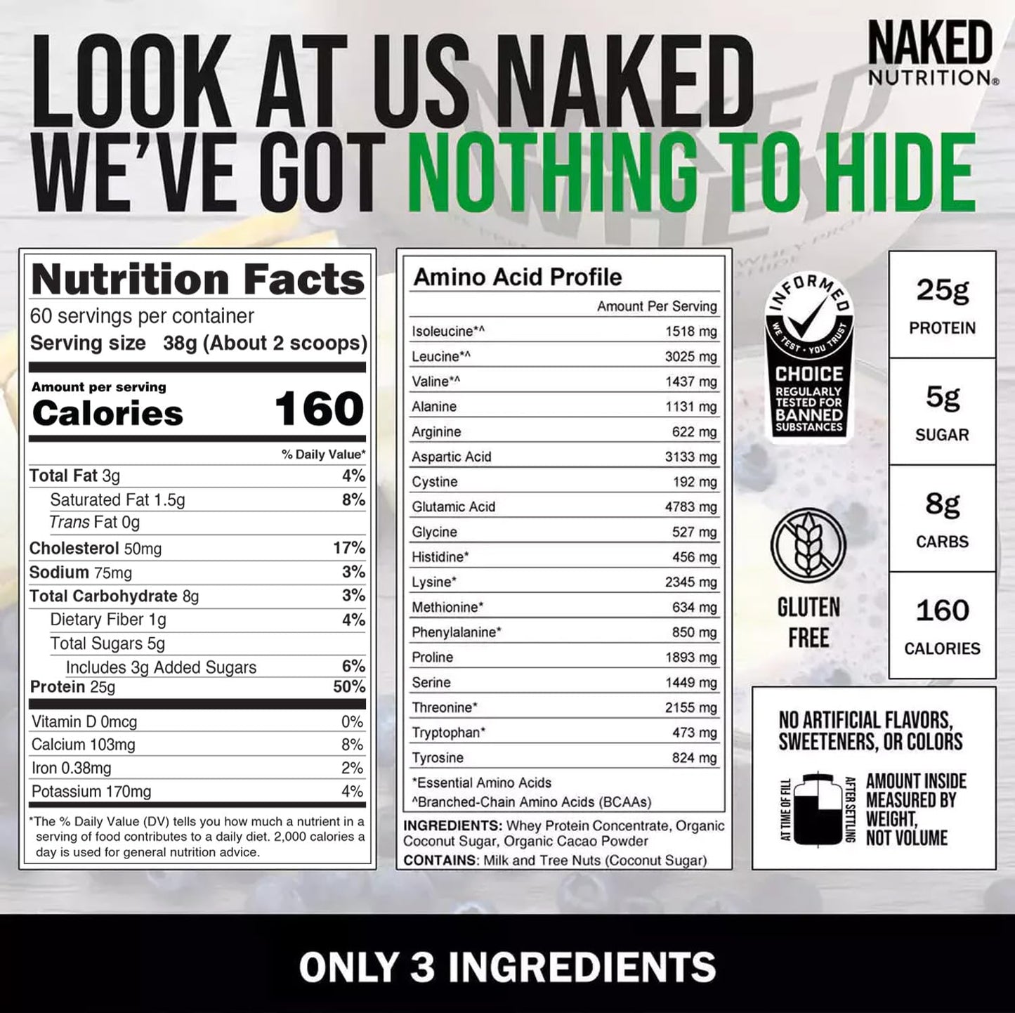 NAKED Whey Vanilla Protein Powder - Only 3 Ingredients - Grass Fed Whey Protein Powder, Vanilla Flavor, and Organic Coconut Sugar, No GMO, No Soy, and Gluten Free - 24 Servings