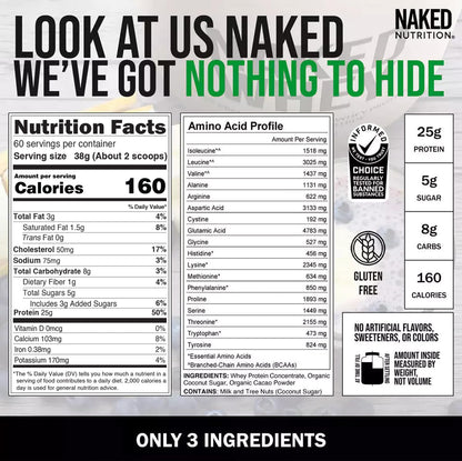 NAKED Whey Vanilla Protein Powder - Only 3 Ingredients - Grass Fed Whey Protein Powder, Vanilla Flavor, and Organic Coconut Sugar, No GMO, No Soy, and Gluten Free - 24 Servings