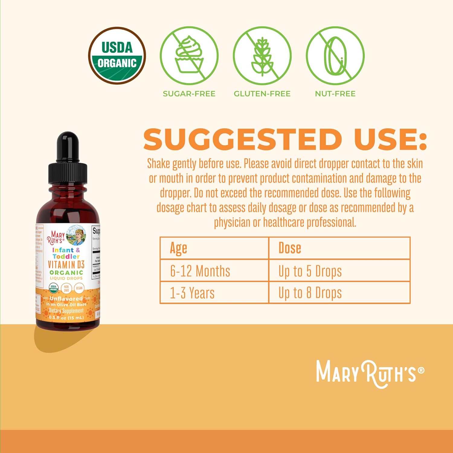 MaryRuth Organics USDA Organic Vitamin D Drops | Vitamin D3 Liquid | Sugar Free | Liquid Vitamin D Drops Immune Support for Infants & Toddlers | VIT D3 | Gluten Free | Non-GMO | 90-150 Servings - Nirvana Guru