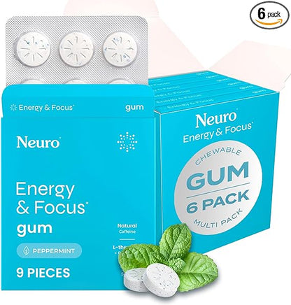 NeuroGum Energy & Focus Gum (54 Count-6 Pack, Peppermint) | 40mg Natural Caffeine + L-Theanine + Vitamin B12 & B6 + Xylitol | Sugar Free Nootropic Cognitive Brain Performance Supplement nirvanaguru