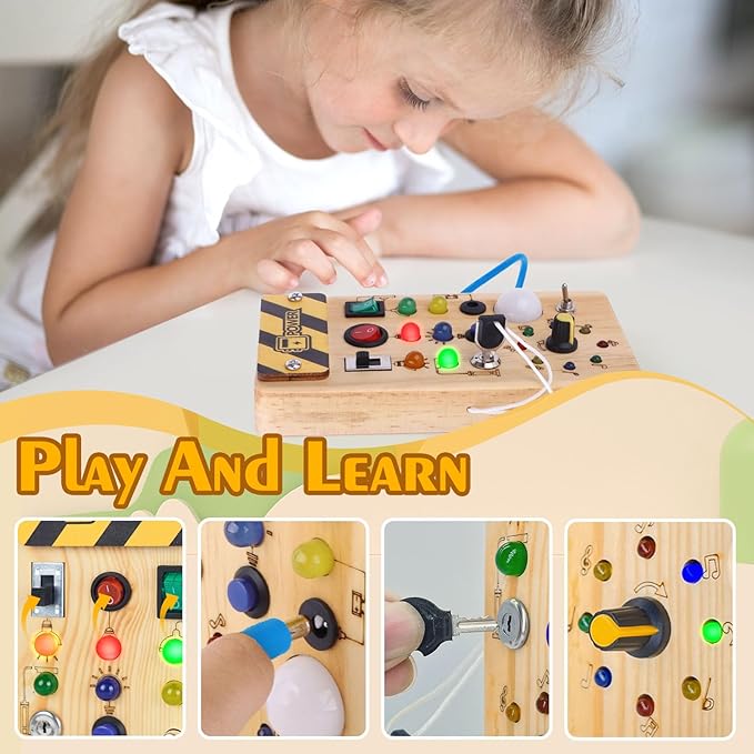 Montessori Wooden Busy Board with 8 LED Light switches, Sensory Toys Light Switch Travel Toys for 1+ Year Old Baby and Toddler nirvanaguru